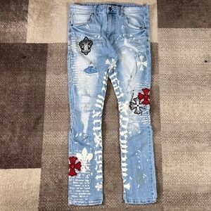 Decibel Distressed Denim Jeans Embroidered Crosses Paint Splatter Mens 34X32